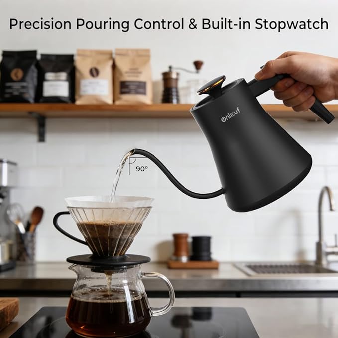 Gooseneck Electric Kettle with 7 Presets & ±1°F Precision Temperature Control, Pour Over Coffee & Tea Kettle, Hot Water Boiler, 100% Stainless Steel Inner, 1000W/0,8L, Matte Black