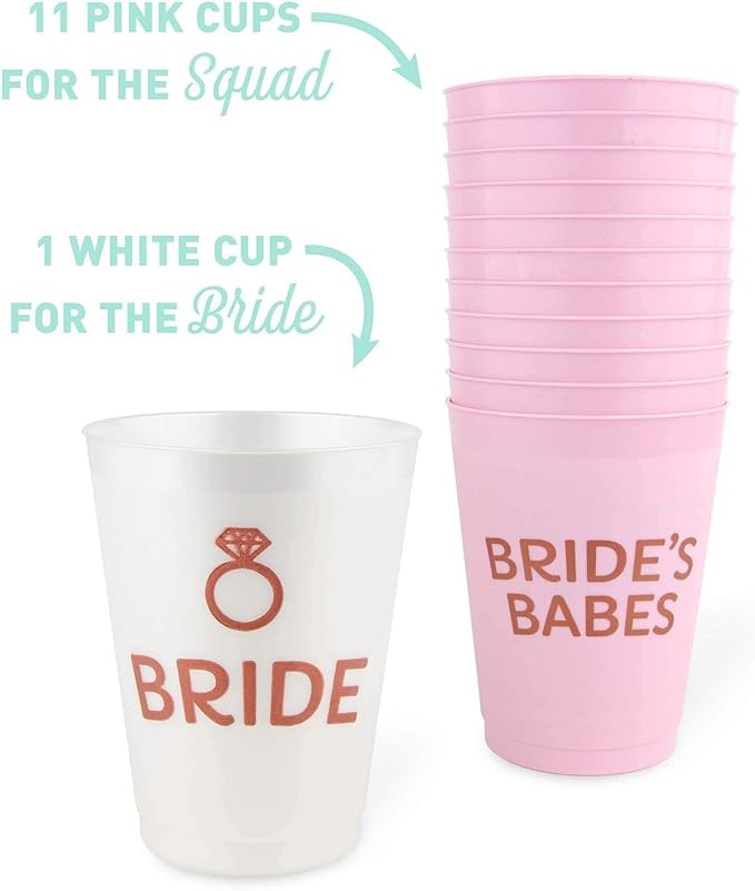 Stag & Hen Bride's Babes Bachelorette Party Cups - 12 Pack, 16 oz Cups | Custom Personalized Drinkware for Classy Pink Simple Theme Bridal Shower, Engagement Party | Bridesmaids Gifts, Favors, Decor