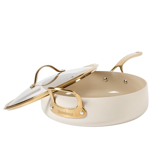 Bloomhouse - Two Time Oprah's Favorite Things Winner - 6 QT Heavy Duty Aluminum Premium PFA Free Ceramic Nonstick Saute/Deep Frying Pan Skillet with Lid - Almond Cream w/Gold Handle
