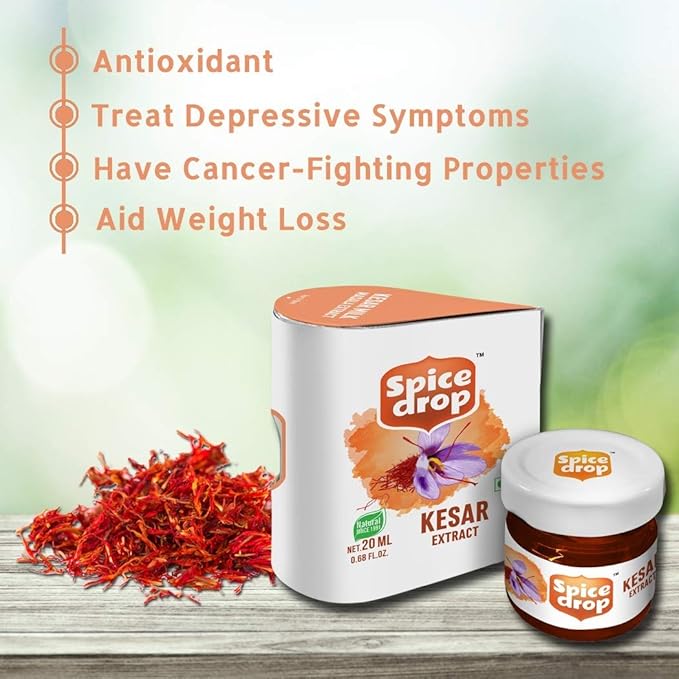 Spice Drop Pure Saffron Extract – Kashmiri Saffron Essence for Cooking & Beverages – Instant Mixing, No Artificial Colors or Preservatives – Gluten-Free & Non-GMO – 20ml