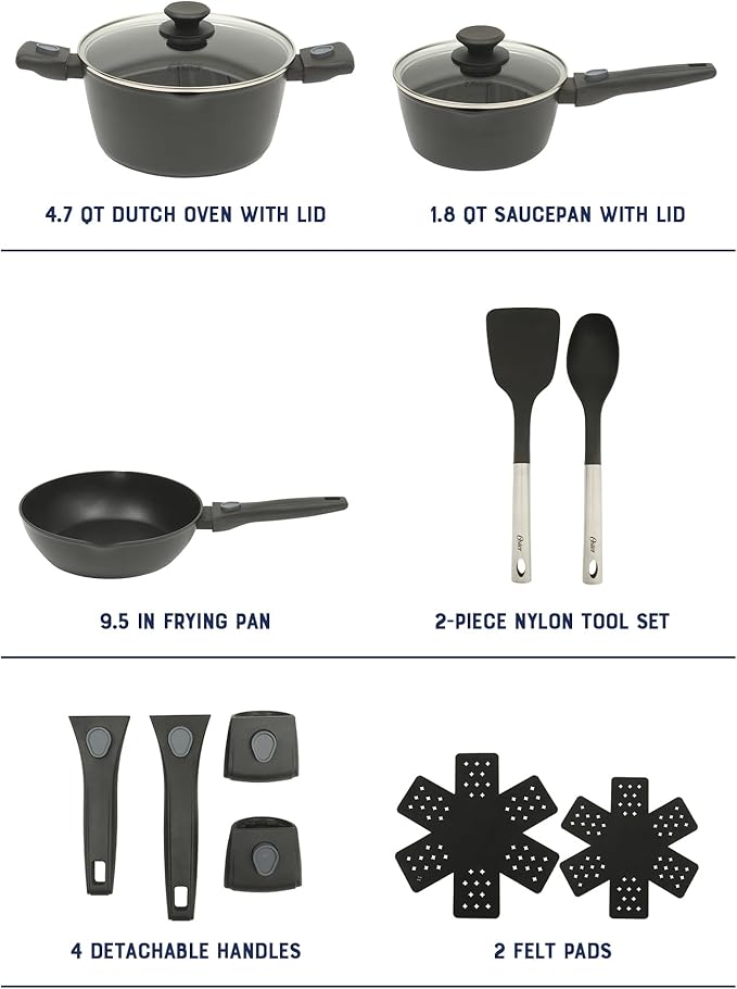 Oster SmartHandle Advance 13-Piece Nonstick Cookware Set – Matte Black Finish, Induction Base, Detachable Handles, Forged Aluminum, Oven & Dishwasher Safe, With Utensils & Pan Protectors