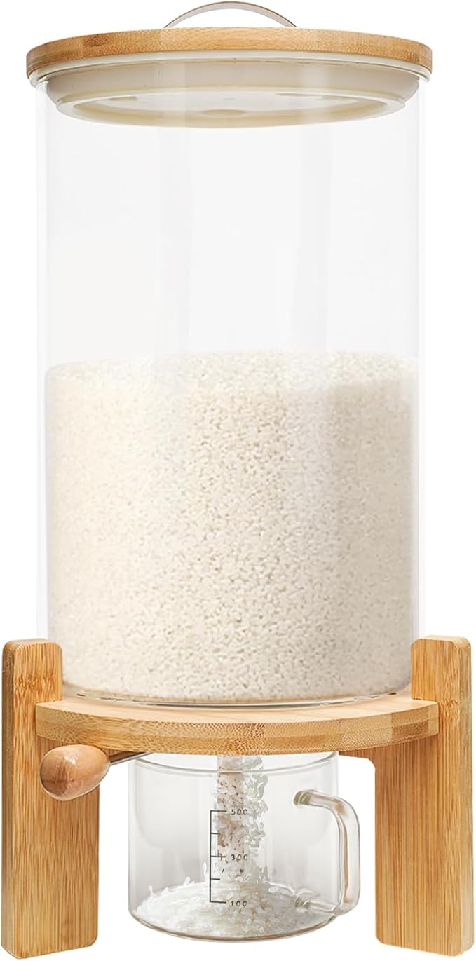 Flour and Cereal Container, 7.5L Rice Dispenser, Glass Food Storge Container for Kitchen Organization and Pantry Store, with Airtight Lid, Measuring Cup and Wooden Stand