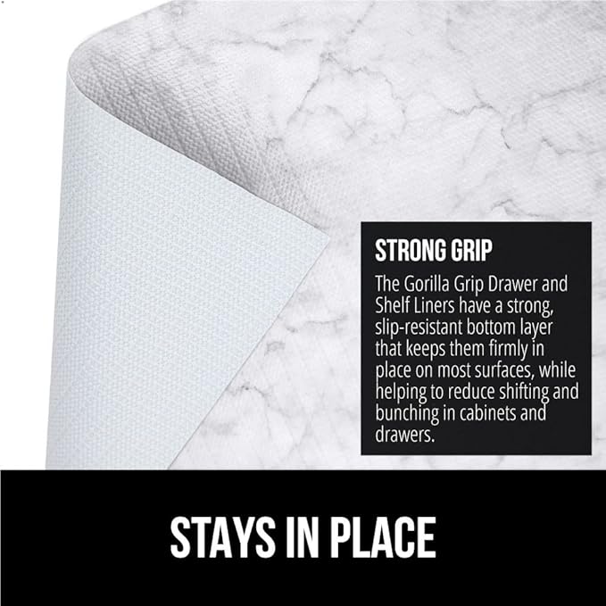 GORILLA GRIP Slip Resistant Drawer and Shelf Liner 2 Pack, Non Adhesive Water Resistant, Easy Clean and Trim, Smooth Surface Liners for Kitchen Cabinet, Shelves, Drawers, Pantry, 12 IN x 10 FT, Marble