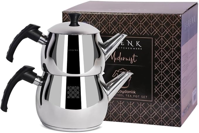 Serenk Modernist Stainless Steel Teapot | 1 L Top, 1.5 L Base, Induction Ready, Mirror Finish, Cool-Touch Handles, Elegant, Durable, Dishwasher Safe