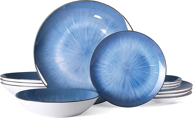 Bestone Porcelain Dinnerware Sets Service for 4, 12 pcs Hand drawn Plates and Bowls Sets, Handmade Ceramic Dish Set, Chip Resistant Modern Plate Set, Dishwasher/Microwave Safe，Starburst blue