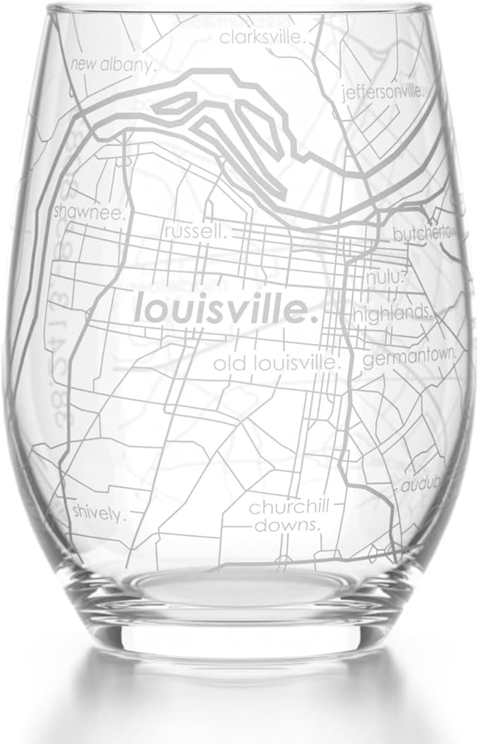 Well Told Engraved Louisville Kentucky Map Stemless Wine Glass, Etched Glass (15 oz, Clear) City Custom Gifts for Lovers