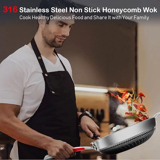 MEGOO 12 inch Stainless Steel nonstick wok with lid | Honeycomb wok & stir-fry pan | induction wok Compatible with All Cooktops | Dishwasher Safe | PFOA/PFA-Free