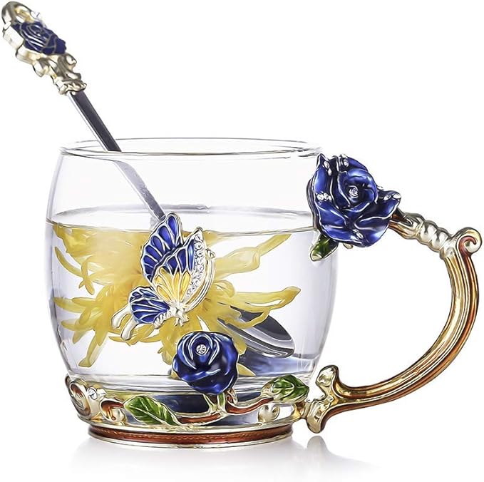 Luka Tech Enamels Butterfly flower Lead-free Glass Coffee Mugs Tea Cup with Steel Spoon, personalised Gifts For Women Wife Mom Friends Birthday Mothers Valentines Day Wedding (Blue)
