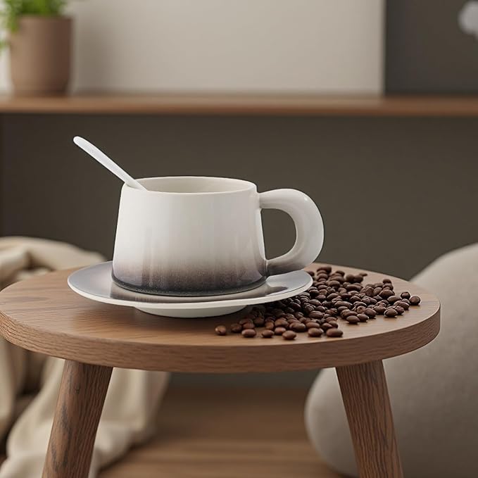 Ceramic Cappuccino Cup and Saucer Set, 8 oz, White with Pink Gradient, Microwave Safe, with Spoon (coffee)