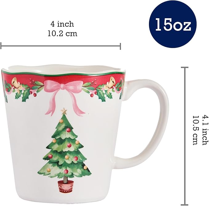 Bico Ribbon Christmas Scalloped Ceramic Mug Set of 4, Christmas Coffee Mugs, 15oz Holiday Cups for Tea, Cocoa, or Hot Drinks, Microwave & Dishwasher Safe