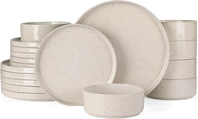 Famiware Nebula Plates and Bowls Sets, 18 Pieces Dinnerware Sets, Dishes Set for 6, Creamy White with Colorful Speckles