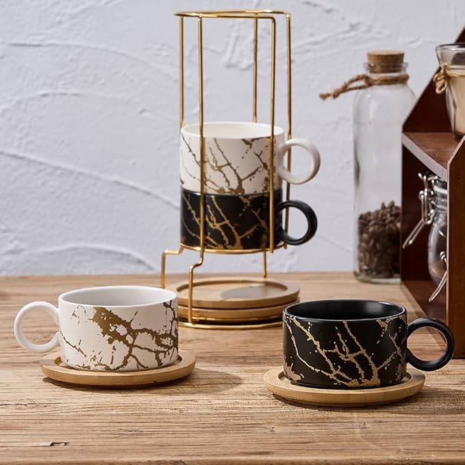 LUKA Porcelain Espresso Cup with Metal Stand, 6 Ounce Stackable Ceramic Demitasse Espresso Mugs Cappuccino Cups Set for Latte,Coffee,Cafe Mocha,Tea(Set of 4)