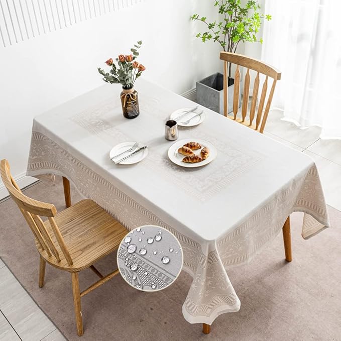MANGATA CASA Rectangle Tablecloth Faux Cotton Waterproof and Wrinkle Resistant Washable Jacquard Polyester Table Cloth for Kitchen Dining/Party/Indoor and Outdoor Use(Light Taupe,60x84 inch)