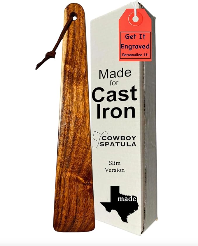 COWBOY SPATULA Mesquite Wood Spatula - Perfect for cast iron skillets, steel and nonstick cookware, Scraper, roux spoon, TEXAS SLIM, Handmade in Texas, Made in USA Personalize It!