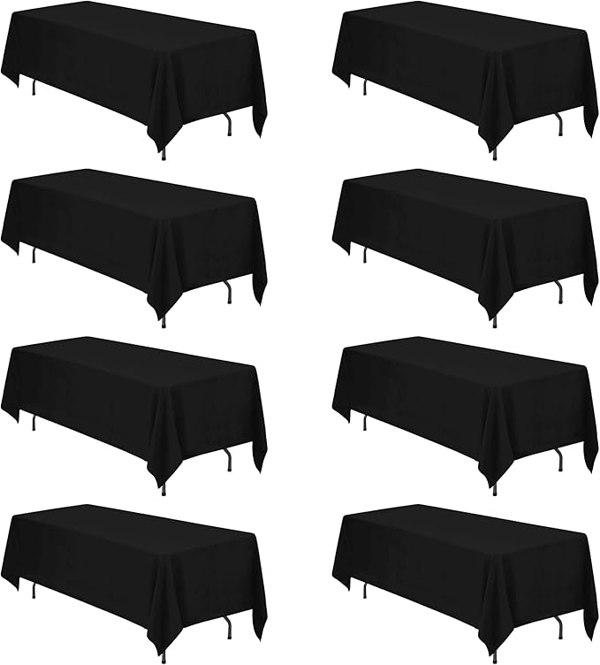 BRILLMAX 8 Pack Black Tablecloths 70 x 120 Inch for 6ft & 8ft Rectangle Tables - 150 GSM Polyester Fabric, Universal Fit, Water, Stain & Wrinkle Resistant Cloth Cover for Wedding Reception Banquet