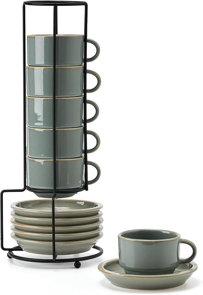 JIEMEI HOME Porcelain Stackable Espresso Cups with Saucers and Metal Stand, 4 Ounce Demitasse Cups for Latte, Cafe Mocha Tea-Set of 6 Espresso Mugs, Reactive Glaze, Green