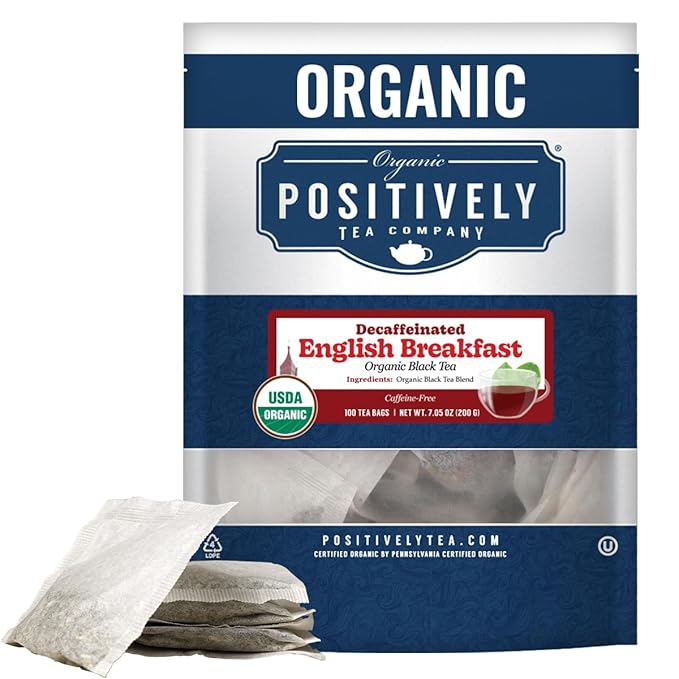 Organic Positively Tea Company, Decaf English Breakfast Black Tea Bags, 100 Count, Eco-Friendly Tea Bags, Non-GMO
