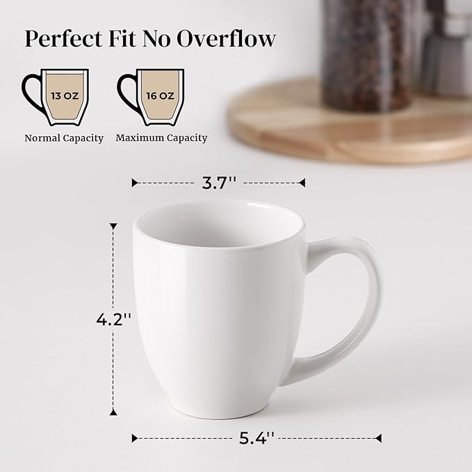 DOWAN Coffee Mugs, White Coffee Mugs Set of 6, 16 oz Ceramic Coffee Cups with Large Handles for Men Women, Porcelain Big Mug for Tea Latte, Mug Gifts for Home Office Party
