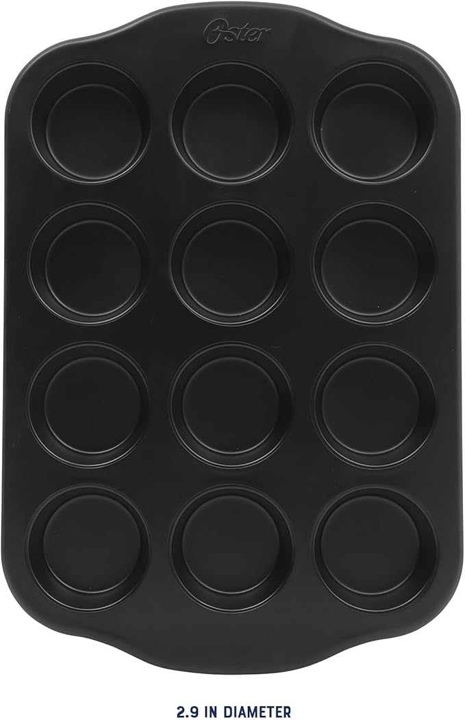 Oster Teston 12-Cup Muffin Pan, Nonstick Carbon Steel Cupcake Baking Tray, Matte Black, PFAS-Free, Easy Release, Oven-Safe Bakeware