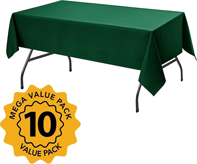 10-Pack Hunter Green Tablecloths for Rectangle Tables, 60 x 102 Inches, Stain-Resistant Polyester Fabric for 6 Foot Tables - Washable Table Covers for Weddings, Birthday Parties, Events