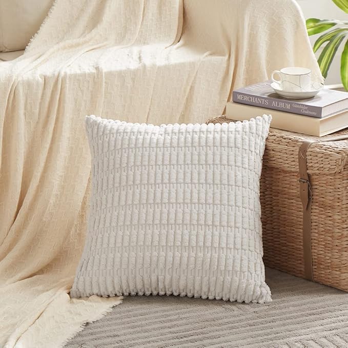 Fancy Homi 4 Packs Pure White Decorative Throw Pillow Covers 14x14 Inch for Living Room Couch Bed, Rustic Modern Farmhouse Boho Home Decor, Soft Plush Corduroy Cute Accent Square Cushion Case 35x35 cm