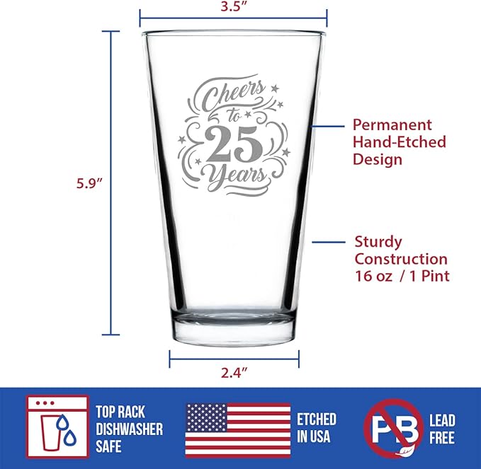 Bevvee Cheers to 25 Years - Pint Glass for Beer - Gifts for Women & Men - 25th Anniversary Party Decor - 16 Oz Glasses
