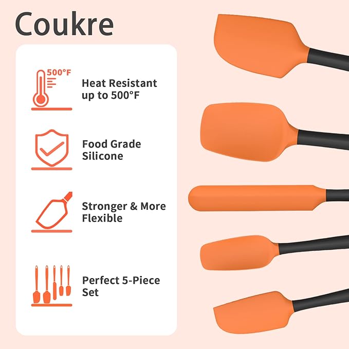 Coukre Silicone Spatula Set of 5,High Temperature Resistant, Food Grade Silicone, Dishwasher Safe, for Baking, Cooking (Orange)