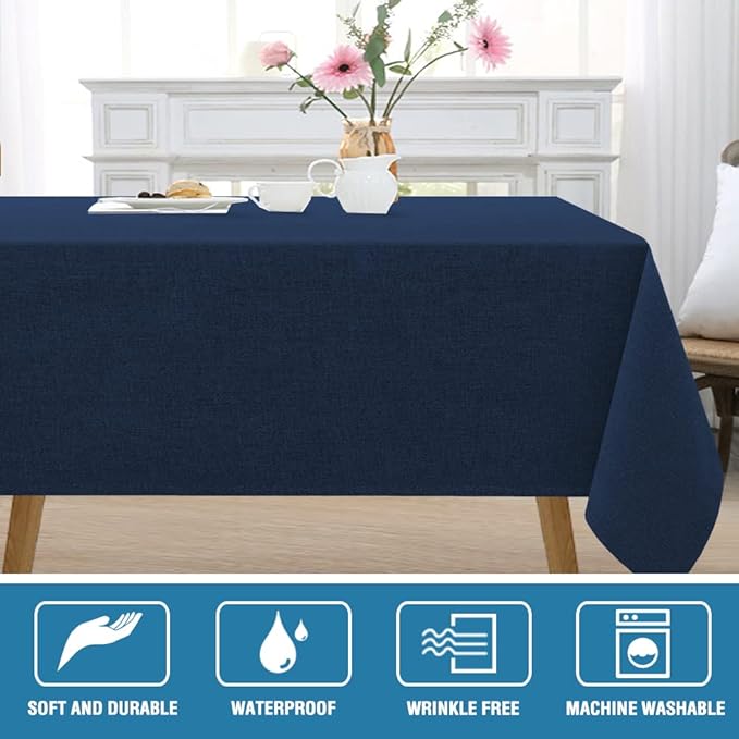 H.VERSAILTEX Linen Textured Tablecloth 54 x 80 Waterproof Decorative Table Cloth Spill-Proof Linen Look Cover for Party Table Extra Soft and Thick Fabric Wrinkle Free, Heather Navy