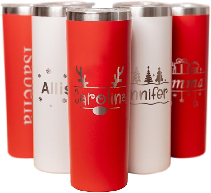 Custom insulated christmas tumbler with lid, personalized 20oz skinny metal powder coated thermo for women men, engraved corporate holiday employee gift thermal cup for coffee & beverages (Christmas)