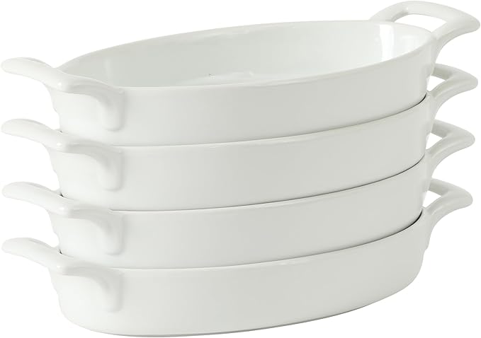 Gibson Home Gracious Dining Oval Au Gratin Baking Dishes, 4-Piece Set – 15 oz Oven Safe Ceramic Small Casserole Dishes with Handles, Microwave & Dishwasher Safe Mini Bakeware, White
