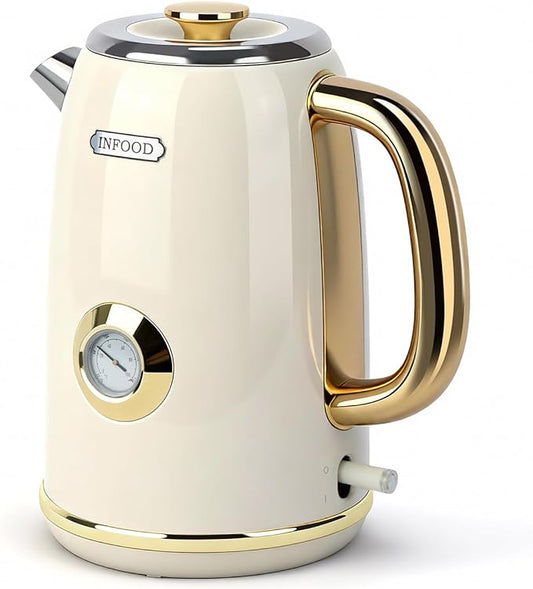 INFOOD Retro Electric Kettle 1.7L/57oz with Thermometer - 1500W Fast Boiling Stainless Steel Hot Water Tea Kettle, BPA-Free, Cordless, Auto Shut-Off, Boil-Dry Protection, White