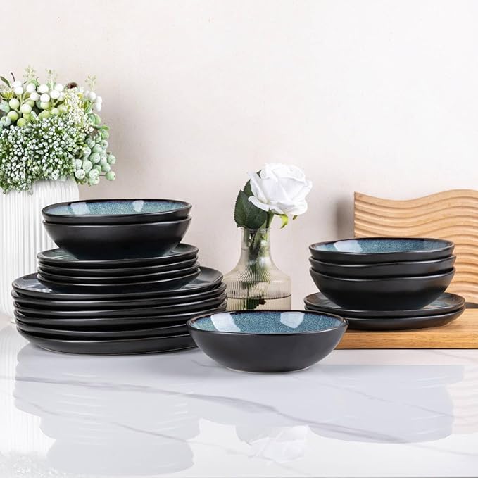 AmorArc Ceramic Dinnerware Sets,Handmade Reactive Glaze Stoneware Plates and Bowls Set,Highly Chip and Crack Resistant | Dishwasher & Microwave Safe Dishes Set,Service for 6 (18pc)