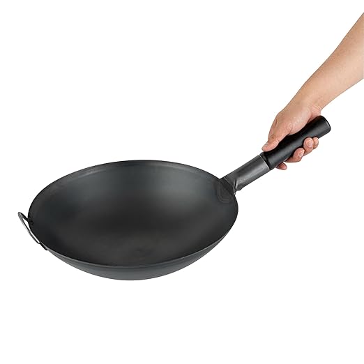 Restaurantware-Motomori 14 Inch Pre-Seasoned Carbon Steel Wok, 10 Traditional Japanese Woks - Round Bottom, Wooden Handle, Black Carbon Steel Traditional Stir Fry Pans, With Helper Handle