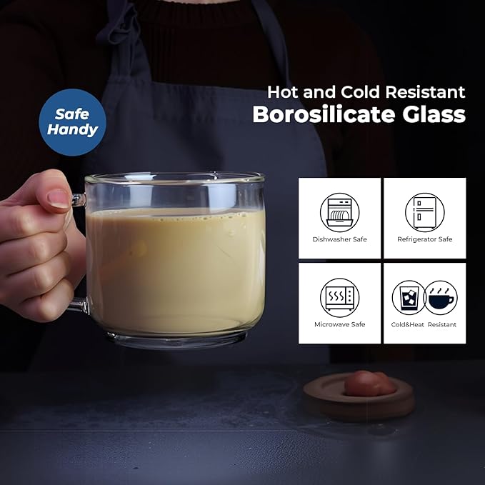Aquach 18oz Large Clear Glass Coffee Mugs Set of 2 - Serve as General Drinking Glasses for Water, Coffee, Tea, and Juice