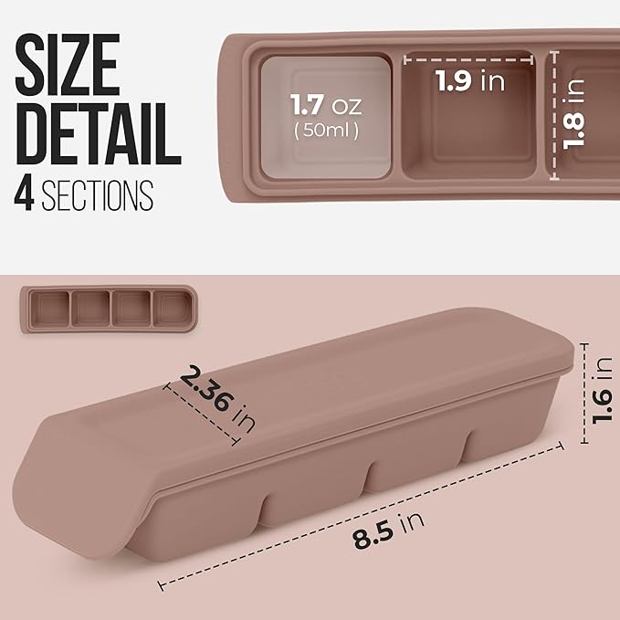 1.7 oz/4 Sections Silicone Ice Cube Freezer Tray with Lid, 100% Food-Grade Platinum Silicone,Leak Resistance & Dishwasher Safe for Baby Food Prep,Breast Milk,Purees - Korean Made, Brown