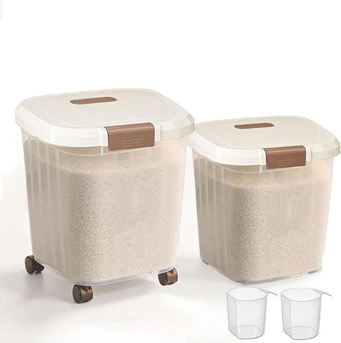 RUIAN 2PCS Airtight Food Storage Bin with Wheels BPA-Free, Lockable&Clear Pantry Organizer for Rice, Flour, Grains & Pet Food,Removable Wheels(22LBS and 33LBS)