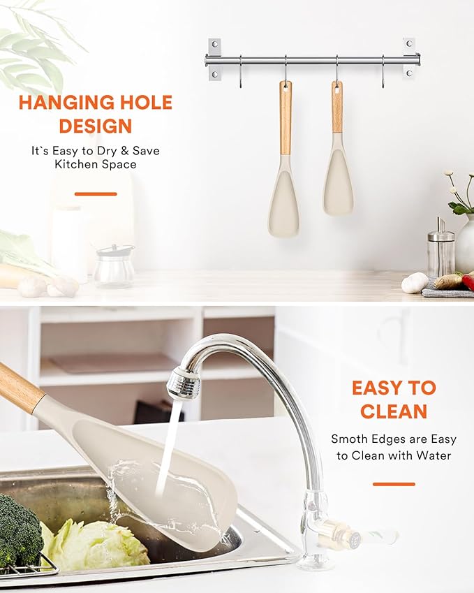 Multifunction Spoon for Nonstick Cookwares, Great for Cooking and Serving, Sturdy BPA-Free Matte Silicone, Wood Handle spoonula for Mixing, Scoop, and Scrape, Khaki(2 pack,11.4" & 13.4")