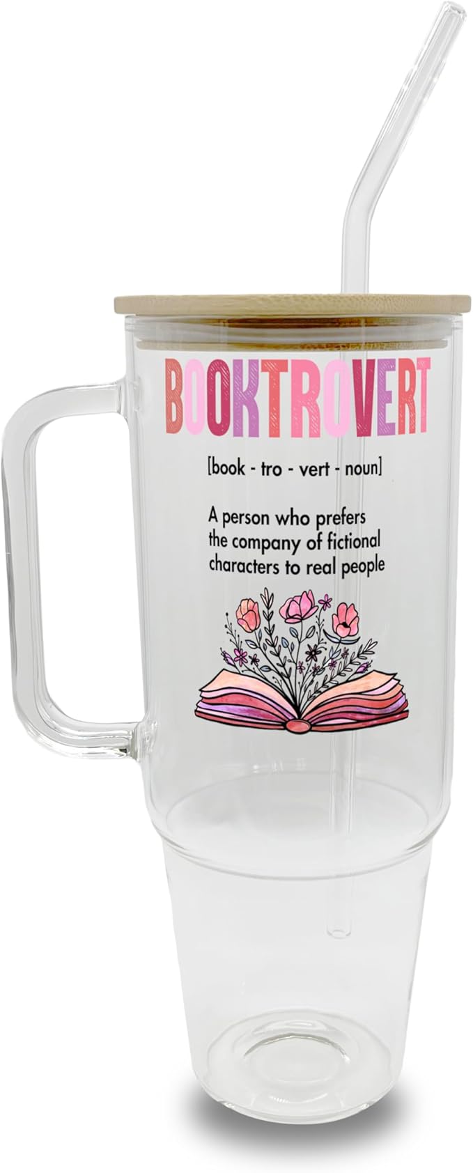 Sip-Sip Hooray! 40oz Booktrovert Glass Tumbler with Lid and Straw, Book Lover Gift, Booktok, Gift For Reader Drinkware Handmade Aesthetic Coffee Beverage Mug Tumblers