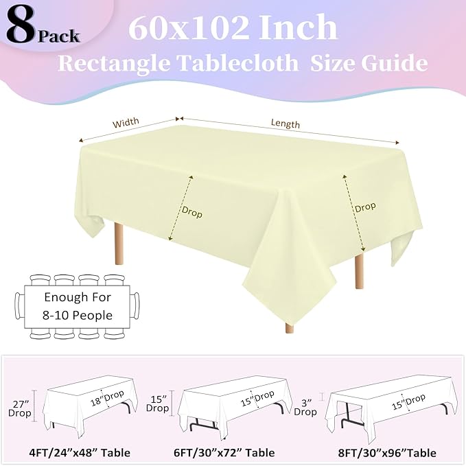 8 Pack Beige Table Cloth 60x102 Inch Rectangle Tablecloths for 6 Foot Rectangle Tables, Wrinkle Resistant Washable Polyester Fabric Rectangular Table Cover for Dining Banquet Wedding Party