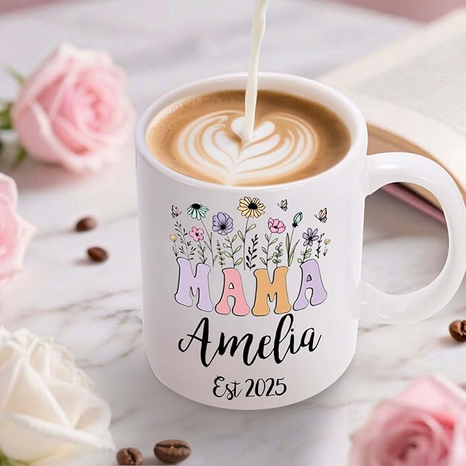 Custom Christmas Coffee Mug Gifts for Mom,11oz Personalized Ceramic Mama Cup with Photo Text & Birth Flower, Customized Birthday Gift for New Moms (Mom-Text)