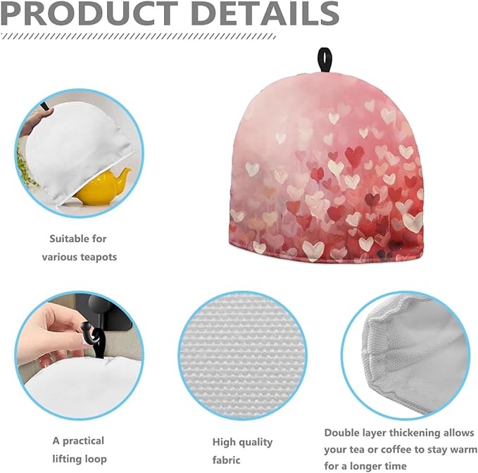 Tea Cozy for Teapots with Handle, Valentine's Day Heart Print Oil Painting Style Dust Insulated Cover, Hanging Fold-Up Design, Suitable for Kitchen and Living Room Table Decoration