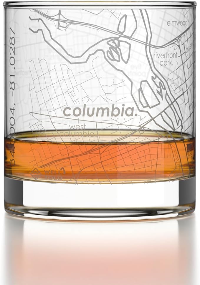 Well Told Engraved Columbia South Carolina Map Rocks Glass, Old Fashioned Glassware (11 oz, Clear) Etched Bourbon Tumbler, Gifts For Whiskey Lovers