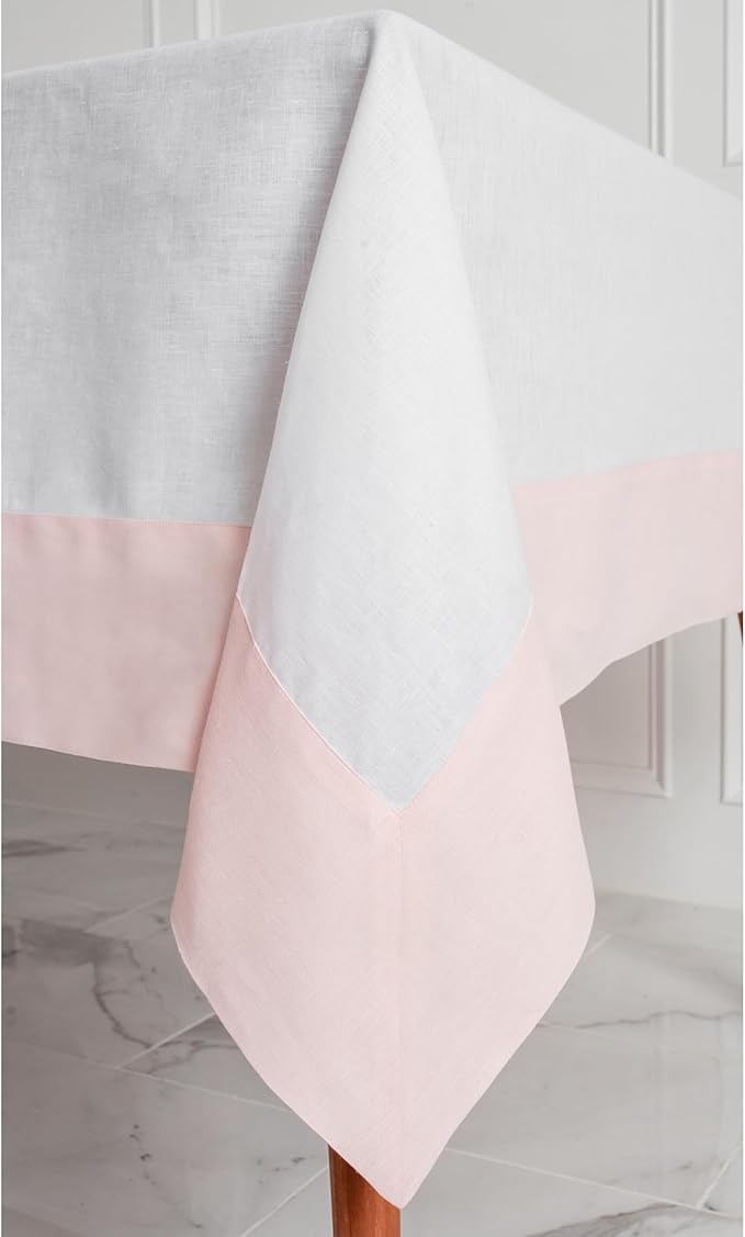 Solino Home Linen Tablecloth 60 x 144 Inch - 100% Pure Linen Blush Pink and White Tablecloth for Rectangle Tables - Contempo, Machine Washable Table Cloth