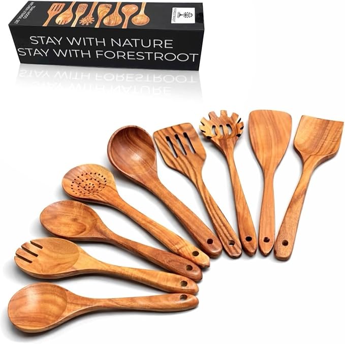 9-Piece Wooden Cooking Utensil Set – Premium Wood Kitchenware for Nonstick Cookware, Heat-Resistant & Durable Wooden Spoons and Spatulas – Eco-Friendly Kitchen Tools for Stirring & Serving