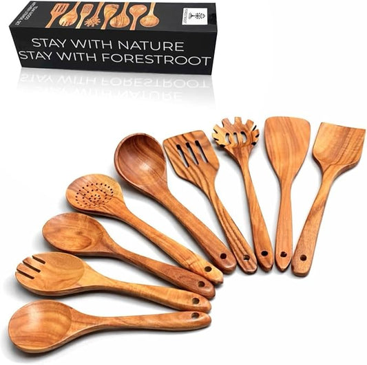 9-Piece Wooden Cooking Utensil Set – Premium Wood Kitchenware for Nonstick Cookware, Heat-Resistant & Durable Wooden Spoons and Spatulas – Eco-Friendly Kitchen Tools for Stirring & Serving