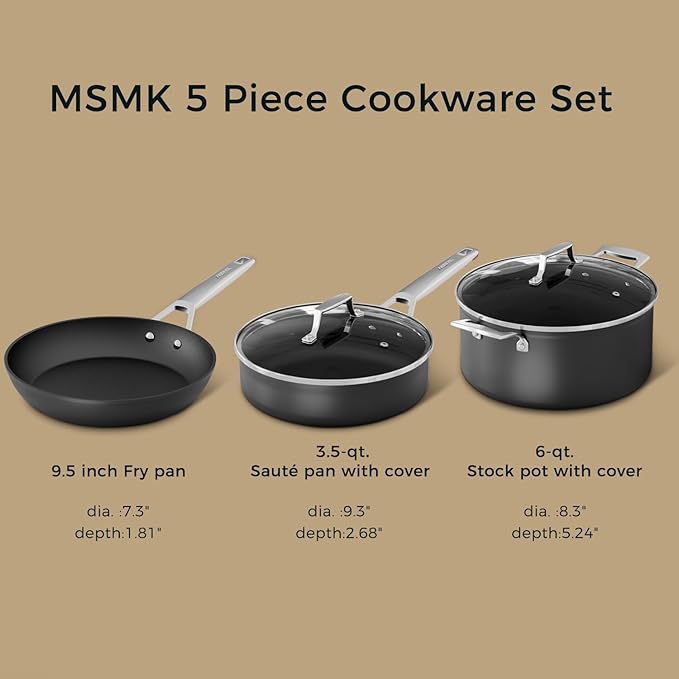 MsMk 5-Piece Pots and Pans set, Durable Non Stick Coating From USA, Kitchen Cookware sets, even heating, comfortable handling, Induction Compatibility for Home Cooking, Oven Safe, Dishwasher Safe
