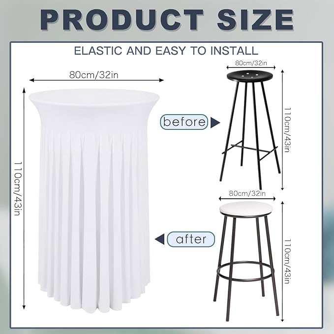 6 Pcs White Spandex Stretch Round Cocktail Table Skirt, 32x43 Inch High Top Table Covers, Fitted Table Cloths for Wedding, Bar, Banquet, Party Decor & Event Supplies