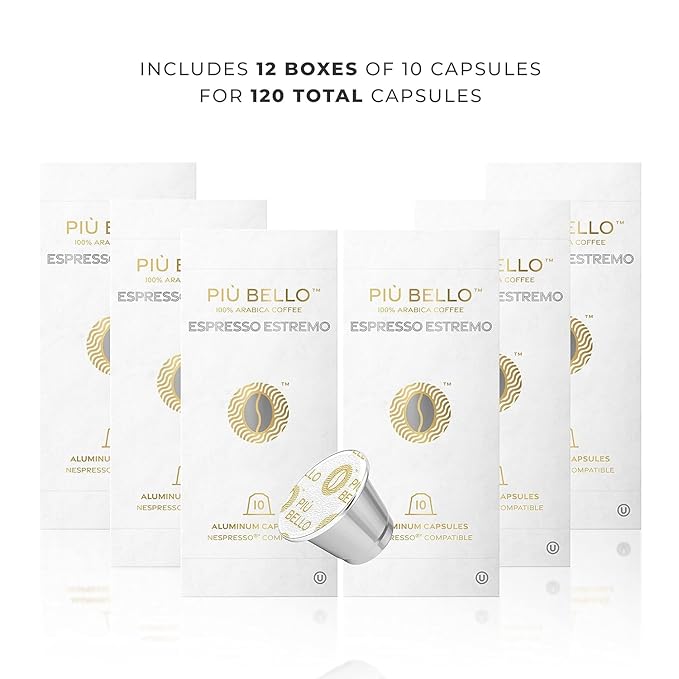 Piu Bello Coffee Pods - Nespresso Machine (Original) Compatible Capsules Pack - Rich & Balanced Taste - Strong Italian Espresso Flavored - Kosher Certified (120 Count Single Flavor) (Espresso Estremo)