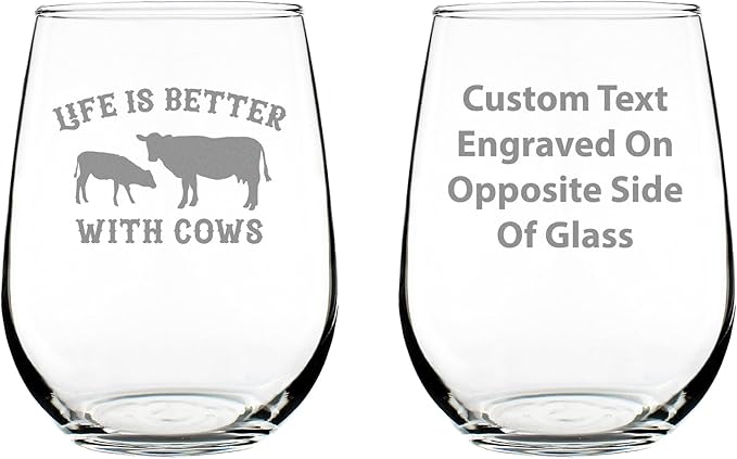 Custom Life Is Better With Cows - Personalized Stemless Wine Glass - Funny Cow Gifts and Decor for Men & Women - Large 17 oz Glasses - Customized Wine Glass Gift