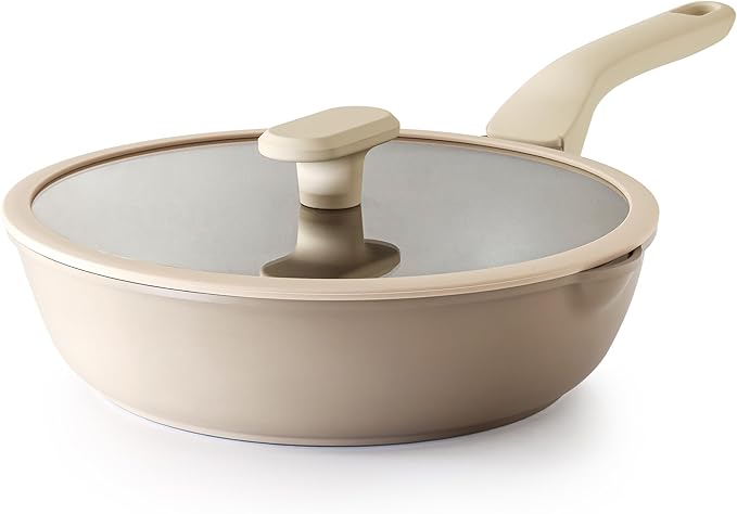 PRICUSIS Nonstick Deep Frying Pan with Glass Lid, 10 Inch (3.2 qt), 5X Durable Nonstick Sauté Pan, Scratch & Stain Resistant, PFOA Free, Induction Compatible, Dishwasher & Oven Safe, Natural Linen